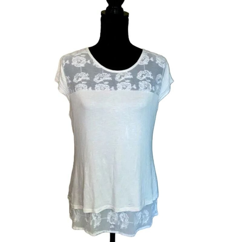 Adiva White Lace Overlay Split Back Cap Sleeve Top Women's Size‎ M